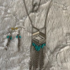 Long necklace and earrings,silver tone.